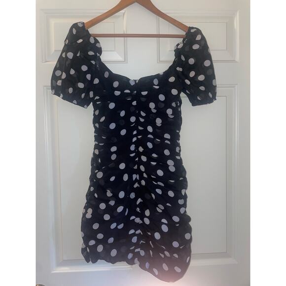 URBAN OUTFITTERS Puff Sleeve Polka Dot Mini Dress Small S Black White - Picture 9 of 11